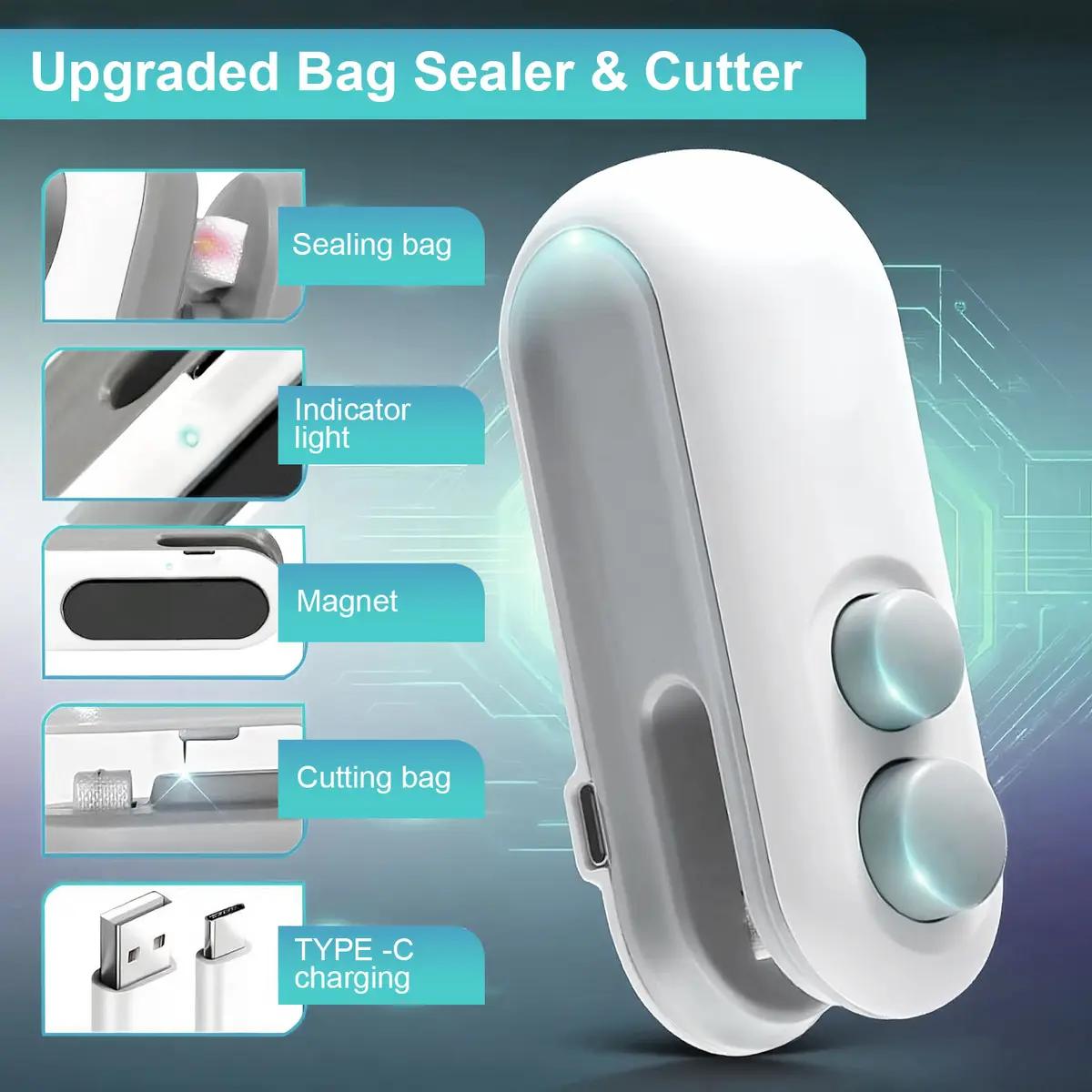 Mini Bag Sealer 2-in-1 with Cutter, Portable Heat Sealer for Food Storage, Keeps Chips Fresh & Airtight, USB Rechargeable Kitchen Gadget