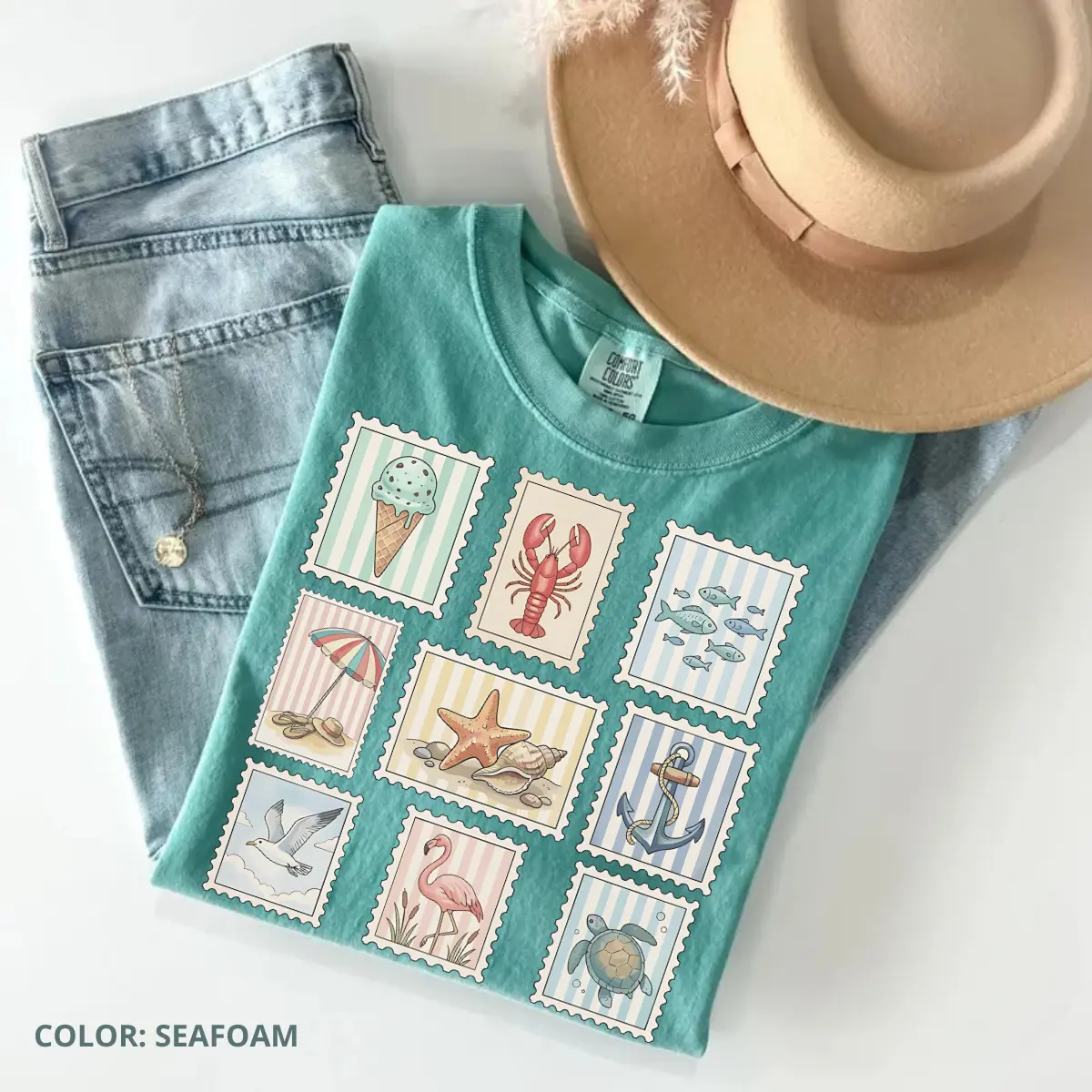 Comfort Colors Coastal Beach Stamp T-Shirt Aesthetic Ocean T-Shirt Vintage Seashell Graphic Tee Retro Summer Vacation Top Coastal Cowgirl Gift Spirit Era Art