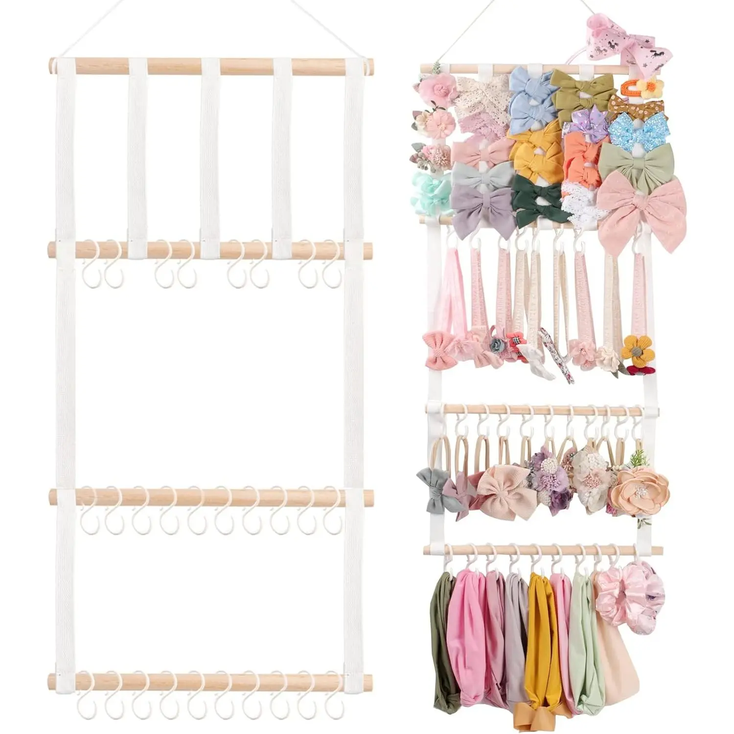 White Wooden Girls' Headband & Hair Accessory Storage Rack - Wall-Mounted, Space-Saving Home Organizer with Soft Cotton Strap, Holds 40 Small Hair Accessories, Easy to Use for Toddler Girls' Room Supplies