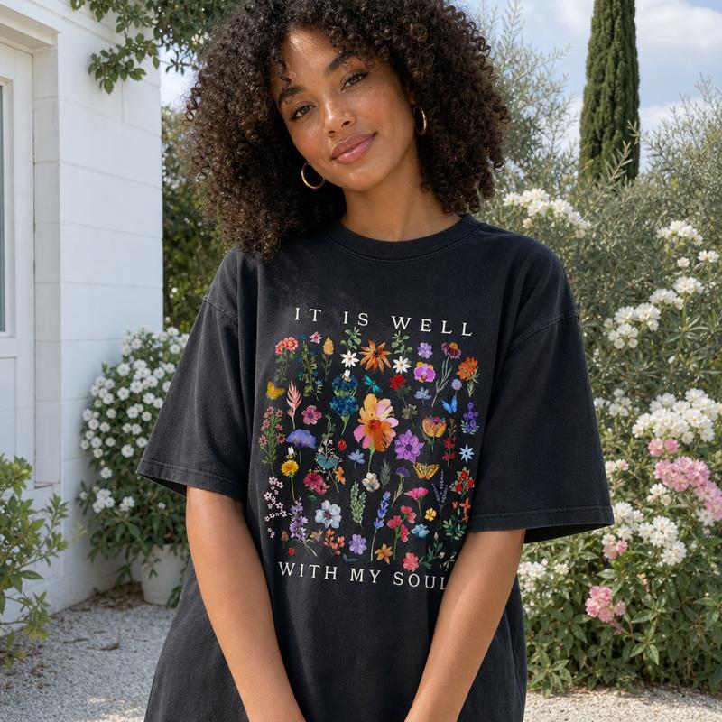 Christian Faith Botanical Graphic Tee Women Soft Washed Cotton It Is Well With My Soul Wildflower Shirt S-5XL