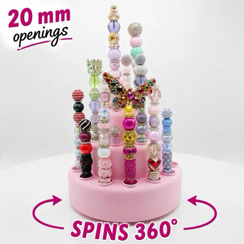 20mm Spinning Beadable Pen Display Stand with Lazy Susan, 26-Hole No-Wobble Round Tabletop Desk Organizer Office Stationery Accessory