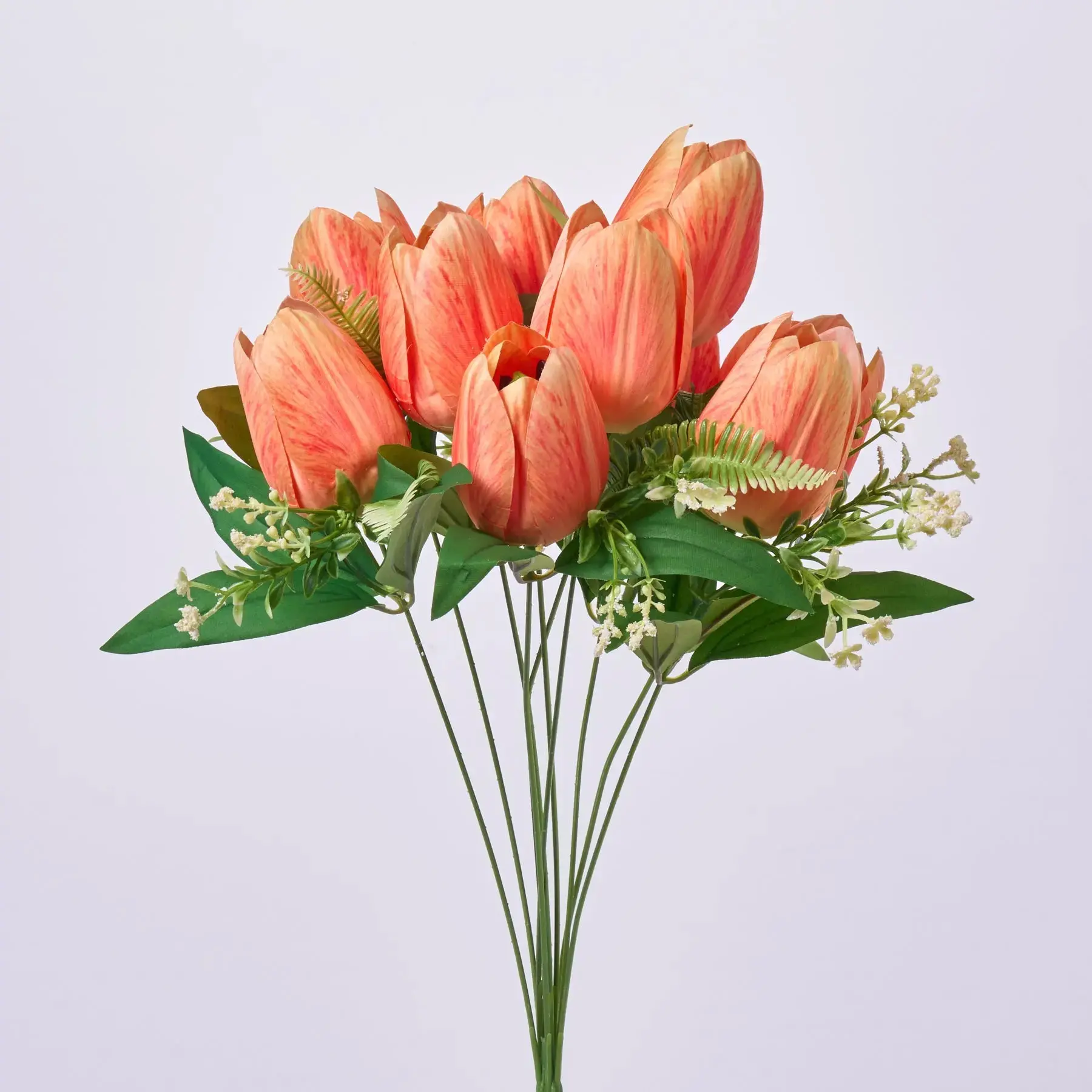 19" Orange Silk Artificial Tulip Bouquet with Blooms and Leaf Stems, Decorative Faux Floral Spray for Home Decoration, Table Centerpiece