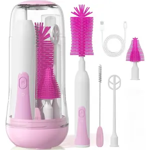Bottle Brush Cleaner, Electric Baby Bottle Cleaning Kit with Nipple Straw Brushes Drying Rack Soap Dispenser Rechargable Waterproof Multi-Purpose E-Brush Set for Travel & Home