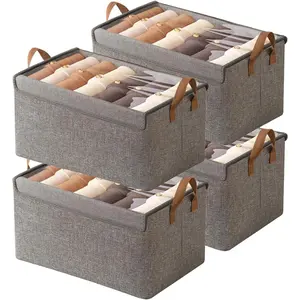 Closet Clothes Organizer Bins 4 Pc, Fabric Box Storage Shelf Bins Stackable, Foldable Closet Shelf Storage Container with Lid, Fabric Storage Bin with Steel Frame, 23L (4 Gray with Lid)