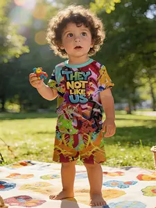 Street graffiti themed printed infant short-sleeve set, casual kids' clothing for babies, suitable for daily wear and outdoor sports T-shirts. 100% Polyester Material, a perfect gift for infants!