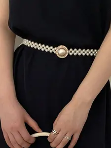 Elegant Waist Belt for Women, Vintage Faux Pearl Beaded Rhinestone Chain, Fashion Accessory for Dresses, Shorts, Pants