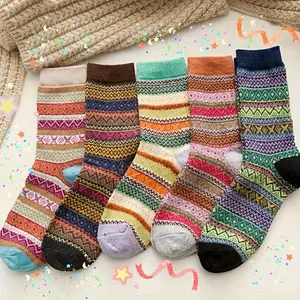 10 pairs womens Bohemian style mid calf socks ethnic patterns winter warm plush lining thickened design ideal for daily use commuting and indoor comfort