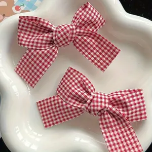 5pcs Charming Red & White Checkered Bow Hair Clips for Girls - Elegant Polyester Accessory, Perfect for Everyday & Casual Wear