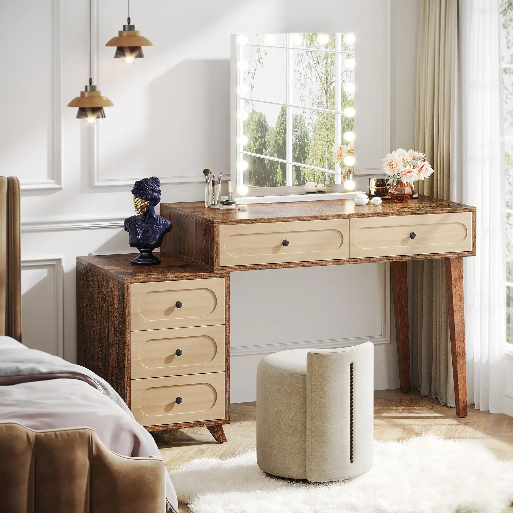TRIBEWOOD Durable MDF Wood Makeup Vanity Desk - 51-in Gloss Finish Waterproof Vanity Desk Furniture, 5-Drawer Storage, Adjustable Size Bedroom Dressing Table (Best Gift for Women; No Mirror & Stool, Assembly Required, Flexible Combinations)