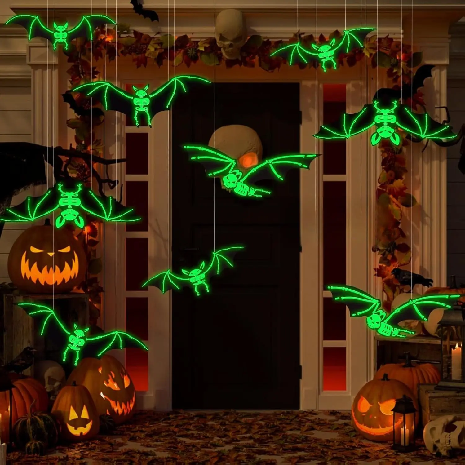 12PCS Halloween Hanging Bats Decorations, Large Plastic Flying Bats with Realistic Scary Glowing Skeleton Bats for Halloween Outdoor Tree Porch Yard Lawn Indoor Decor, Black