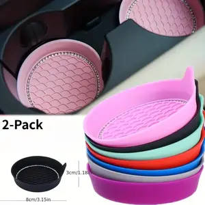 2-Pack Bling Rhinestone Car Cup Coasters - Non-Slip Rubber Round Mats, Stylish Auto Interior Decor Accessories for Universal Car Cup Holders