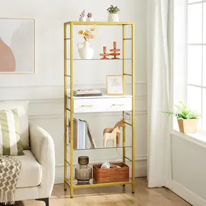 HOOBRO Gold 5-Tier Bookshelf with Drawer, Modern Tall Bookcase with Charging Station, Standing Storage Shelf with Metal Frame and Tempered Glass, for Home, Living Room, Bedroom, Large Capacity Sturdy Construction, Toy Organizer#SpringSale #BigSpringSale