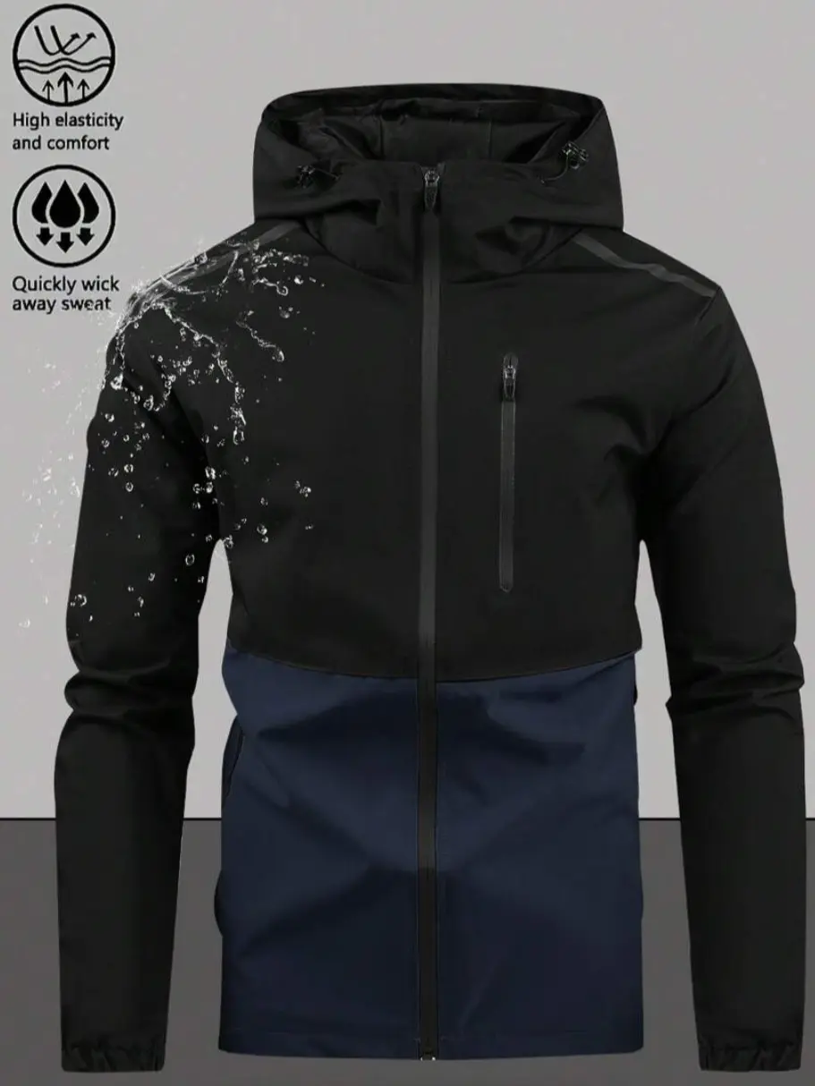 Men’s color-block hooded windproof jacket—lightweight, waterproof outdoor casual outerwear that is quick-drying and breathable, featuring elastic cuffs. Suitable for everyday travel and hiking as a backup option. Lightweight outdoor hooded windbreaker wit