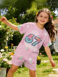 Strawberry soda-flavored 67 Girl's Digital Printing Set, a sweet and cute casual outfit, suitable for daily and outdoor sports as a T-shirt and shorts set, a perfect gift for girls