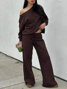 Long Sleeve Off the Shoulder Fall Sweatsuit 2 Piece Set Women Casual Oversized Casual Pants Set