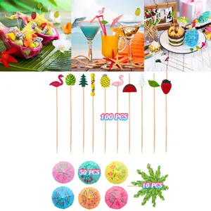 160 Pcs Cocktail Drink Accessories cake decoration 60 Drink Cocktail Umbrellas 100 4.7 Inch Fruit Picks Summer Coconut Palm Colorful Bamboo Toothpicks Tropical Luau Hawaiian Beach Party Decorations