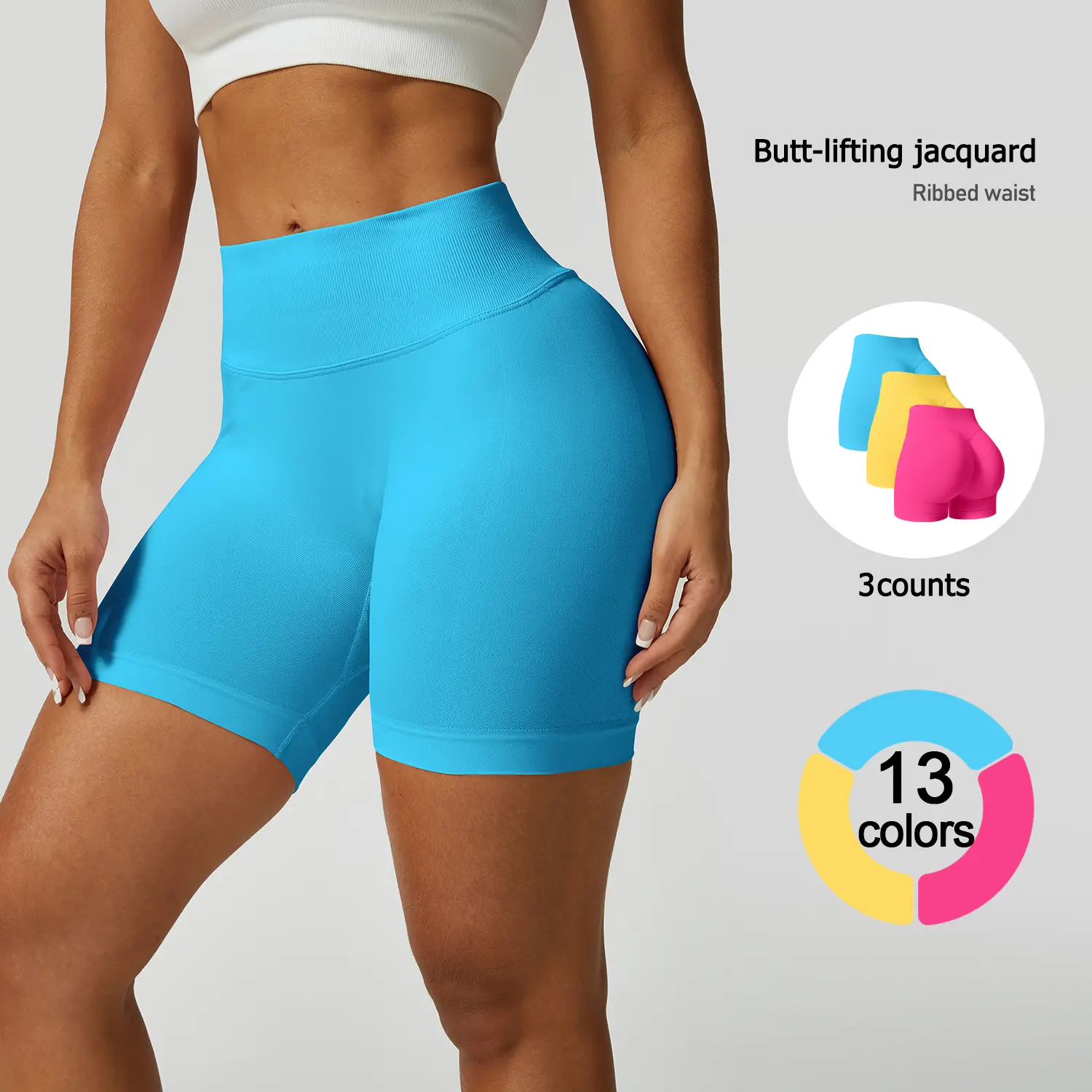 TimeOFF Women's 3-Pack High-Waist Butt-Lift Shorts , Jacquard , Ribbed Waist , Yoga Gym Activewear , ButtLiftShorts ,GymEssentials Fitness Athletic