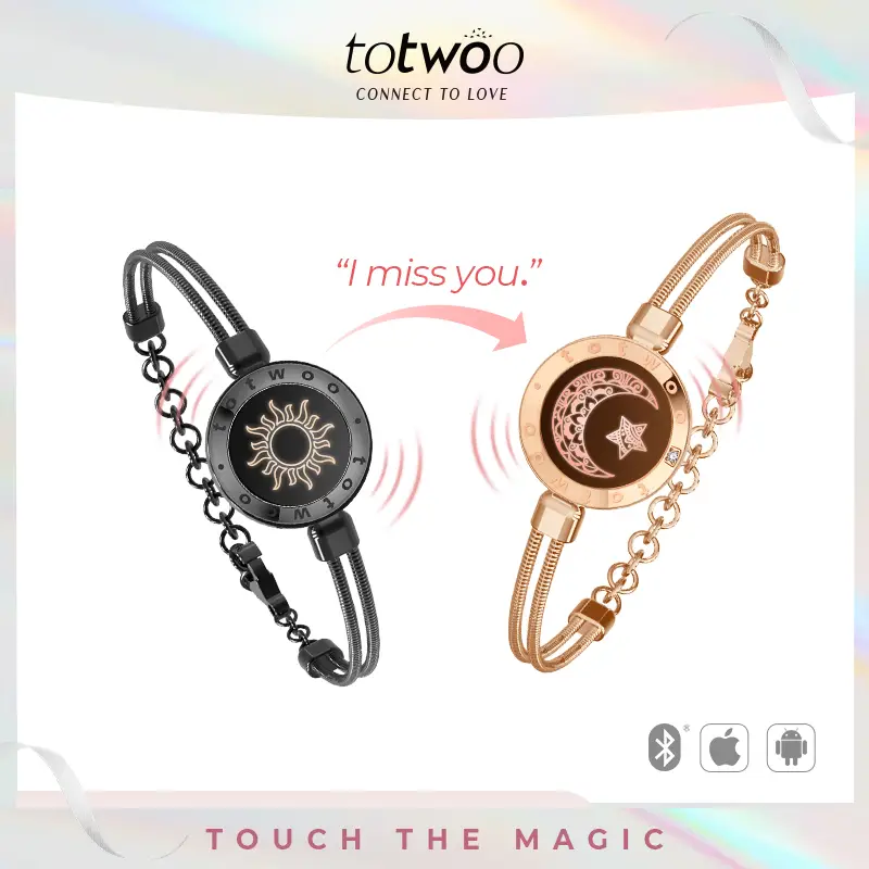 【Creative Gifts】totwoo Sun&Moon Touch Bracelets with Figaro Chain Long Distance with Functional Love Connect Gift For Boyfriend or Girlfriend or your