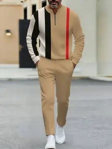 Men's Half Zip Contrast Striped Sweatshirt Set Business Casual Patchwork Sports Two-Piece Simple Versatile Men's Wear