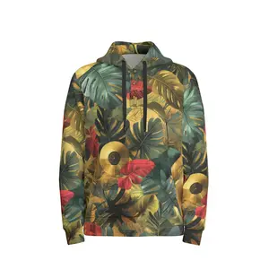 men’s thermal waffle half button pullover hoodie - gold record vibes jungle green/gold