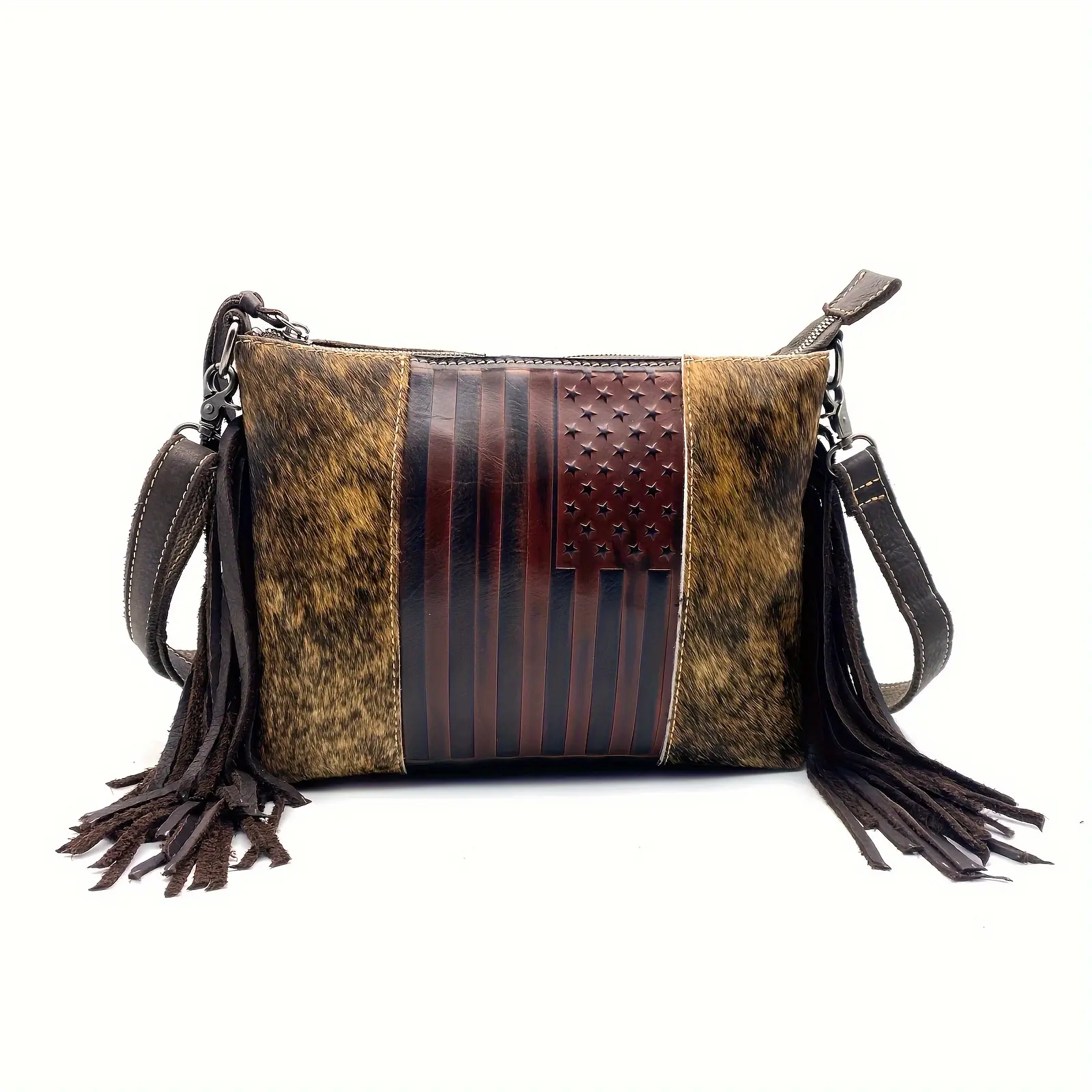 Women's Genuine Leather Western American Flag Embossed Shoulder Bag - Vintage Horsehair Fringe Tassel Chic Crossbody Purse - Stylish Messenger Bag