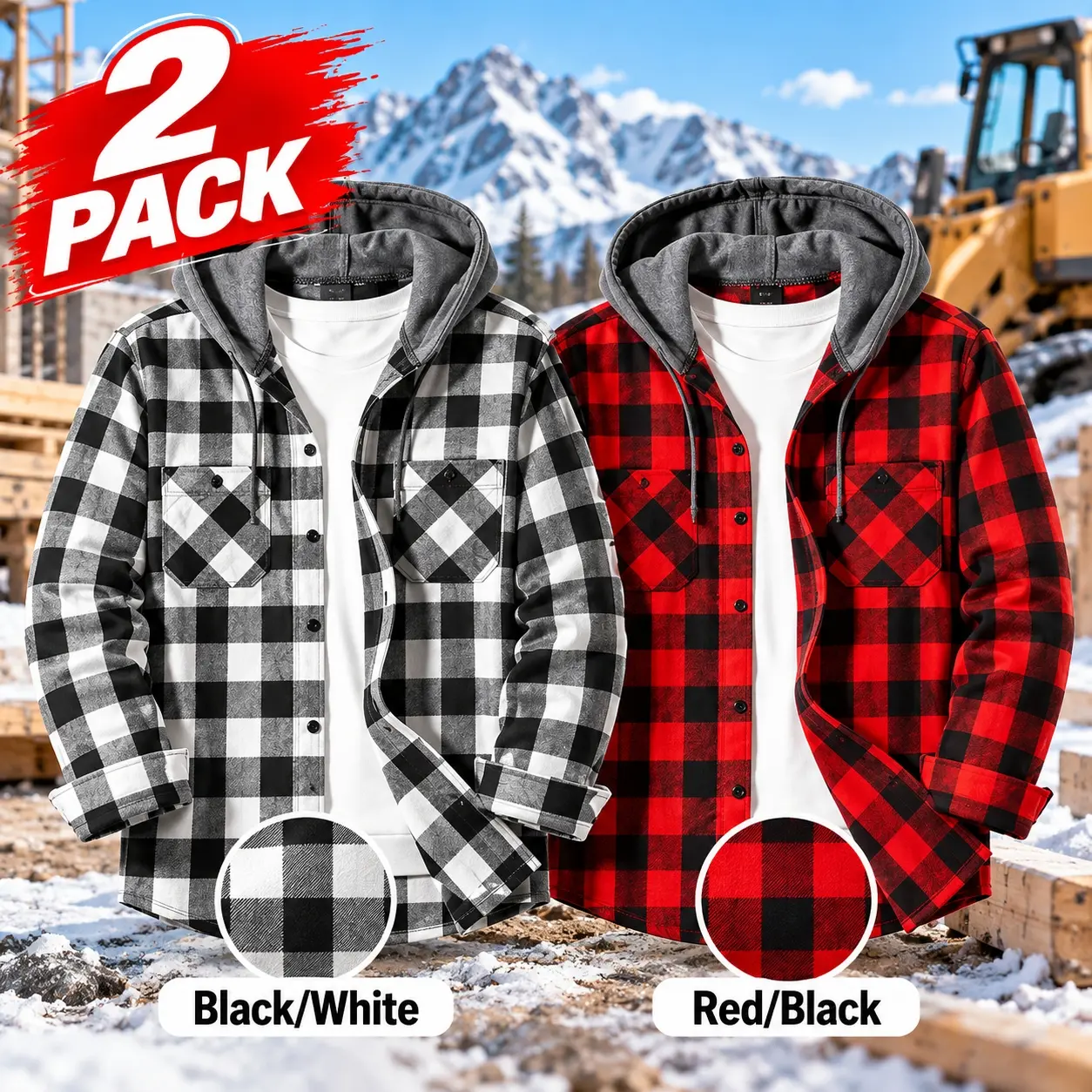 Homug Men’s 2-Piece Plaid Shirt – Embroidered Shirt – Carpenter Plaid Shirt – Comfortable, soft, thick, and warm shirt made of twill fabric with brushed edges – Regular fit, long sleeves – Suitable for office wear, everyday use, and outdoor activities in