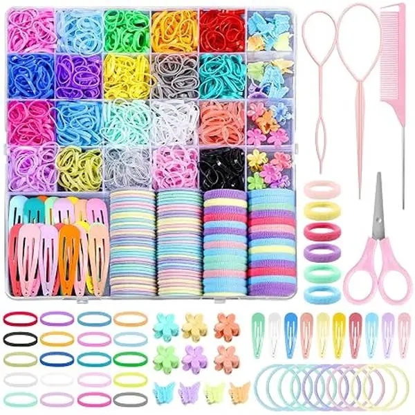1543PCS Hair Accessories Set for Girls - Elastic Hair Rubber Bands, Hair Ties with Organizer Box, Baby Cotton Ponytail Holders, Rat Tail Comb, Hair Loop Styling Tools & Butterfly Hair Clips
