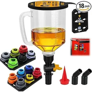 18-Piece Engine Oil Funnel Kit, 1.59QT/ 1.5L Automotive Coolant Funnel Set, 12 Adapters, Elbow Fitting, Arrow Screen and Magnetic Storage Tray, Compatible with GM, Ford, BMW, Audi, Land Rover Etc