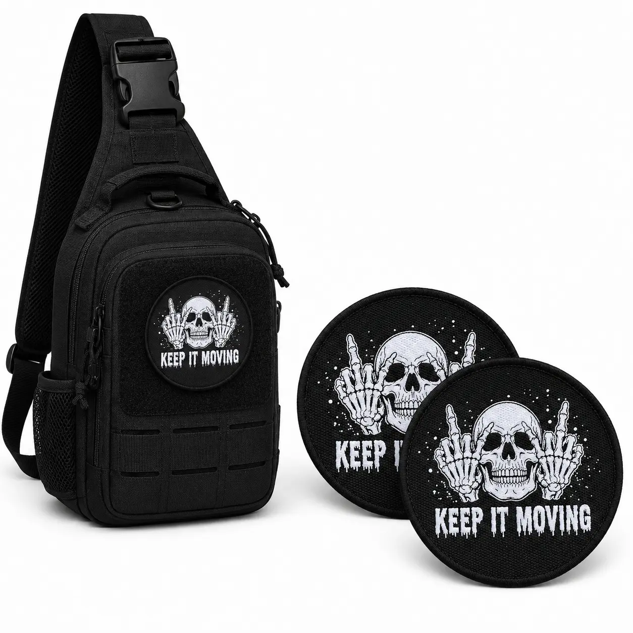 2pcs Funny Skull Printed Morale Velcro Patch, Keep It Moving Graphic Patch with Hook and Loop Backing for Backpacks Jackets Vests Hats and Bags