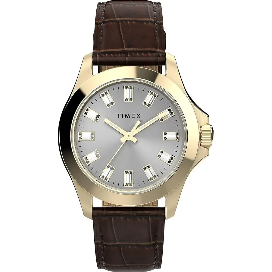 TIMEX Kaia Elegant Women's Watches - Analog with Brown Leather Strap, 38mm Gold-Tone Brass Case, Crystal Markers, Accessories for Women, Crystal Hour Markers, Buckle, Quartz Movement