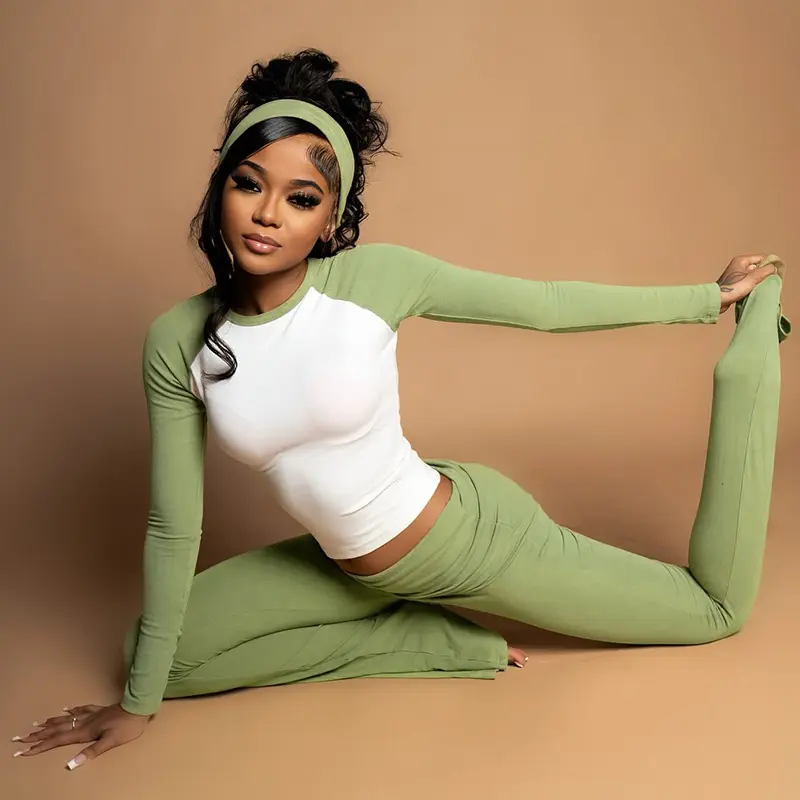 Women's Y2K Color Block Casual Sports Set Long Sleeve T Shirt High Waist Pants Fitness Outfit Three Piece Set