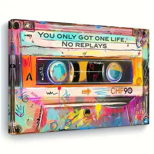 Retro 80s Cassette Tape Print Wooden Framed 2D Art, Acid-Free Paper, Fade-Proof, Multi-Size Artistic Wall Decor for Home Room Cartoon Decoration (Home Supplies)