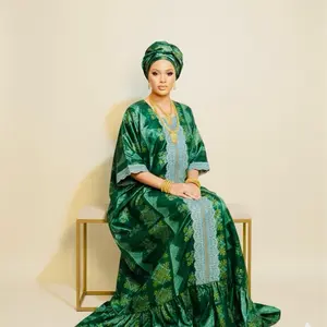 African Dress Green - Elegant Maxi with Embroidered Details & Matching Turban Womenswear