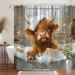 Whimsical Highland Cow Shower Curtain - 71 x 71 Inches, Shower Essentials, Includes 12 Hooks for Easy Hanging, Farmhouse Highland Cow Design Shower Curtain, Cozy Polyester Fabric, Ideal for a Natural Bathroom Decor, Bathroom Decorations