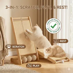 60cm Vertical L-Shaped Cat Scratcher Natural Sisal Scratching Post with 3 Spinning Track Balls & Hanging Plush Toy Protects Furniture Multi-Angle Stretching Tower