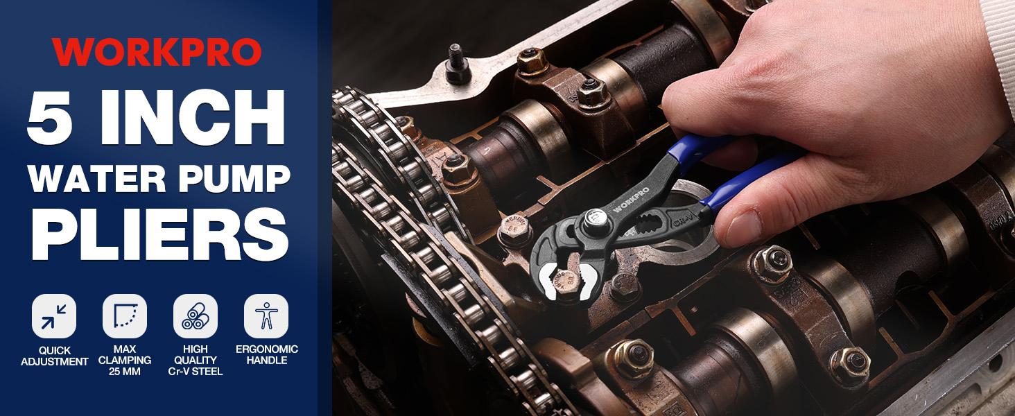 #backtoschool WORKPRO 5-Inch Water Pump Pliers, CR-V Plumbing Lock Plier, Quick Adjust Groove Joint Pliers, V-Jaw Quick Release Push Lock Pliers with Comfortable Grips