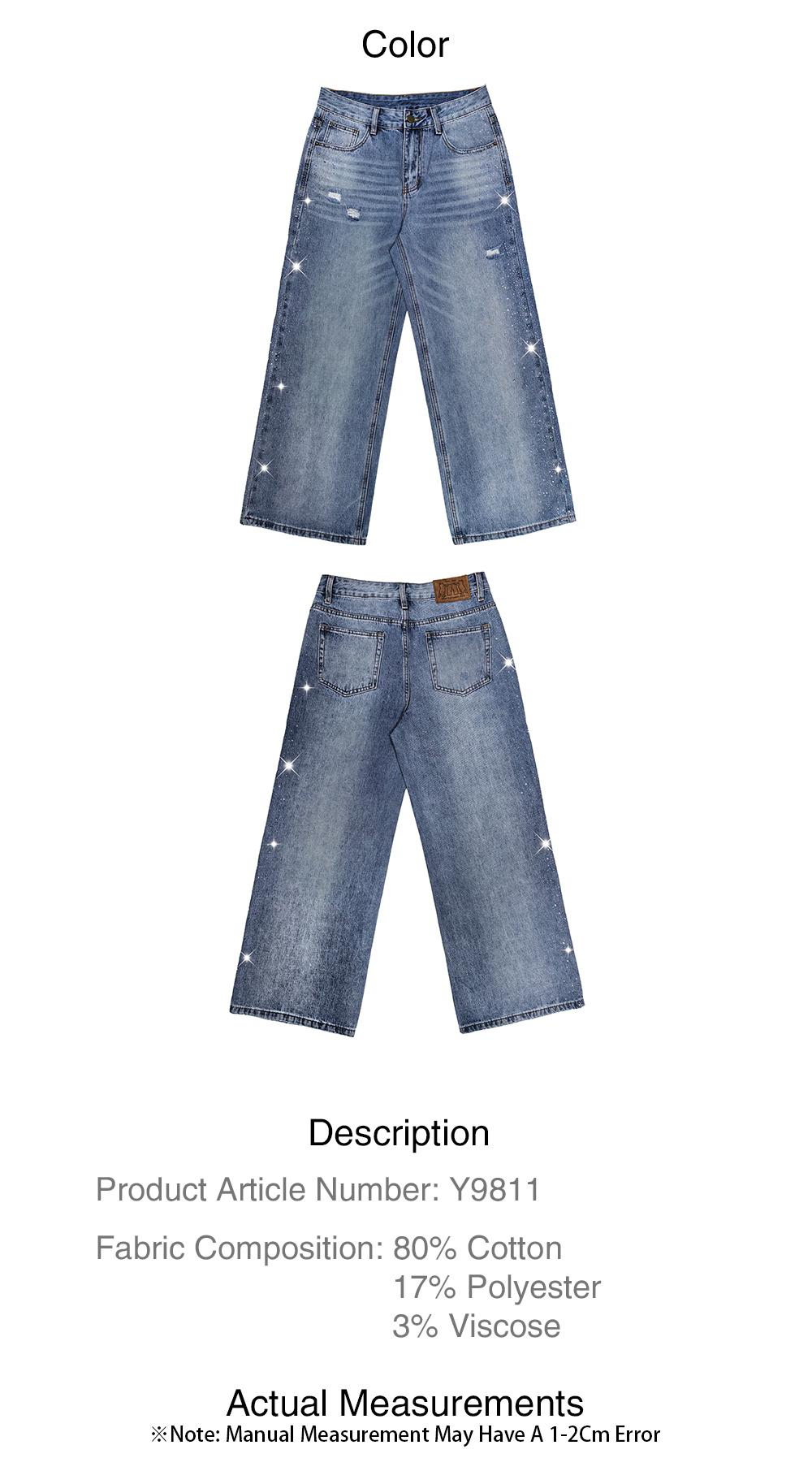 Lux Lee Spring Rhinestone Baggy Straight Jeans - High-Waisted, Slimming & All-Match, Distressed & Washed Denim, Sparkling Side Rhinestones, Loose Fit, Casual Streetwear, All-Match Trendy Y2K Pants for Women