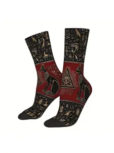 BIIHUDU Ancient Egyptian Cat and Ancient Egyptian Symbol Socks - Fashionable Polyester Knit, Vibrant Chevron Pattern, Red and Black Design, Perfect for Casual Wear, Novelty Socks | Vibrant Socks | Durable Knit Socks
