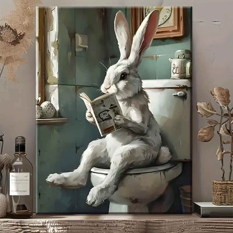 Decorative Wood-Framed Easter Bunny Reading Wall Art, Ready-to-Hang Home Decor Poster, Ideal for Living Room & Holiday Gifts for Friends