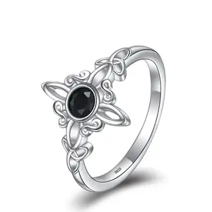 925 Sterling Silver Witch Knot Ring Celtic Trinity Knot Ring for Women, Witches Pagan Wicca Moon Irish Celtic Jewelry, Nudo de Bruja Plata 925 Original, Hecate Goddess of the Moon, Black CZ Dark Fantasy, Protection and Mysticism Amulet Gift for Girls