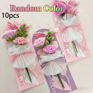 10pcs Valentine's Day Single Flower Card Handheld Design Fresh Flower Bag, Mother's Day Beautiful Gift Twist Bouquet Packaging Box, Graduation Wedding Festival