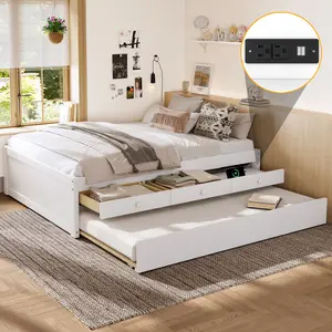 Full Size Platform Bed Frame with Trundle and 2 drawers,SolidWood Beds with Power strip, No Box Spring Needed