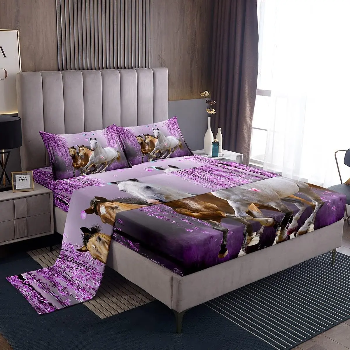 Feelyou Cherry Blossom Branches & Lavender Purple Bedding Sheet Sets - Galloping Horse Decor, Breathable Durable Microfiber Soft Sheets, Bedroom Textile Collection, Breathable Durable Sheets