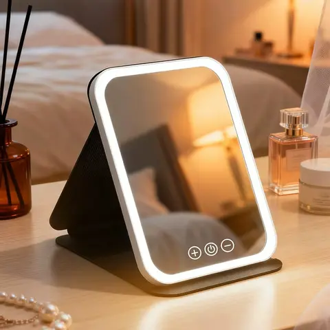 Modern Portable Square Frame LED Glass Vanity Mirror with Lights - USB Rechargeable, Table Stand, 3 Color Lighting, Dimmable Brightness, Adjustable Angle, Foldable Compact Travel Cosmetic, Fingerprint-Proof, Gifts for Adult Women, Bedroom Use