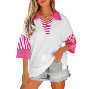 Striped Color Block Patchwork Polo Collar Half Sleeve T Shirt
