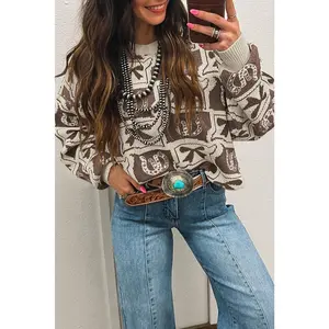 Brown Bows & Horseshoes Pattern Western Fashion Print Sweater