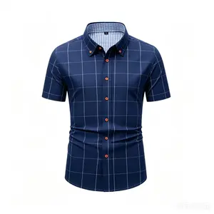 Men's Navy Plaid Short Sleeve Shirt | Slim Fit, No Iron Needed, Business Casual Style
