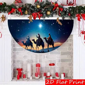 1pc Semi-Circular Christmas Eve Garden Flag, Weather-Resistant Polyester with Grommets, Outdoor Decoration Depicting Three Wise Men on Camels Following the Star