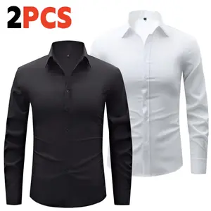 Two solid-color men’s long-sleeve shirts with a notched lapel collar, styled for a classic business formal look. Featuring a pointed notch lapel design that is sharp and well-structured, and delicate button detailing at the front placket. Long sleeves are