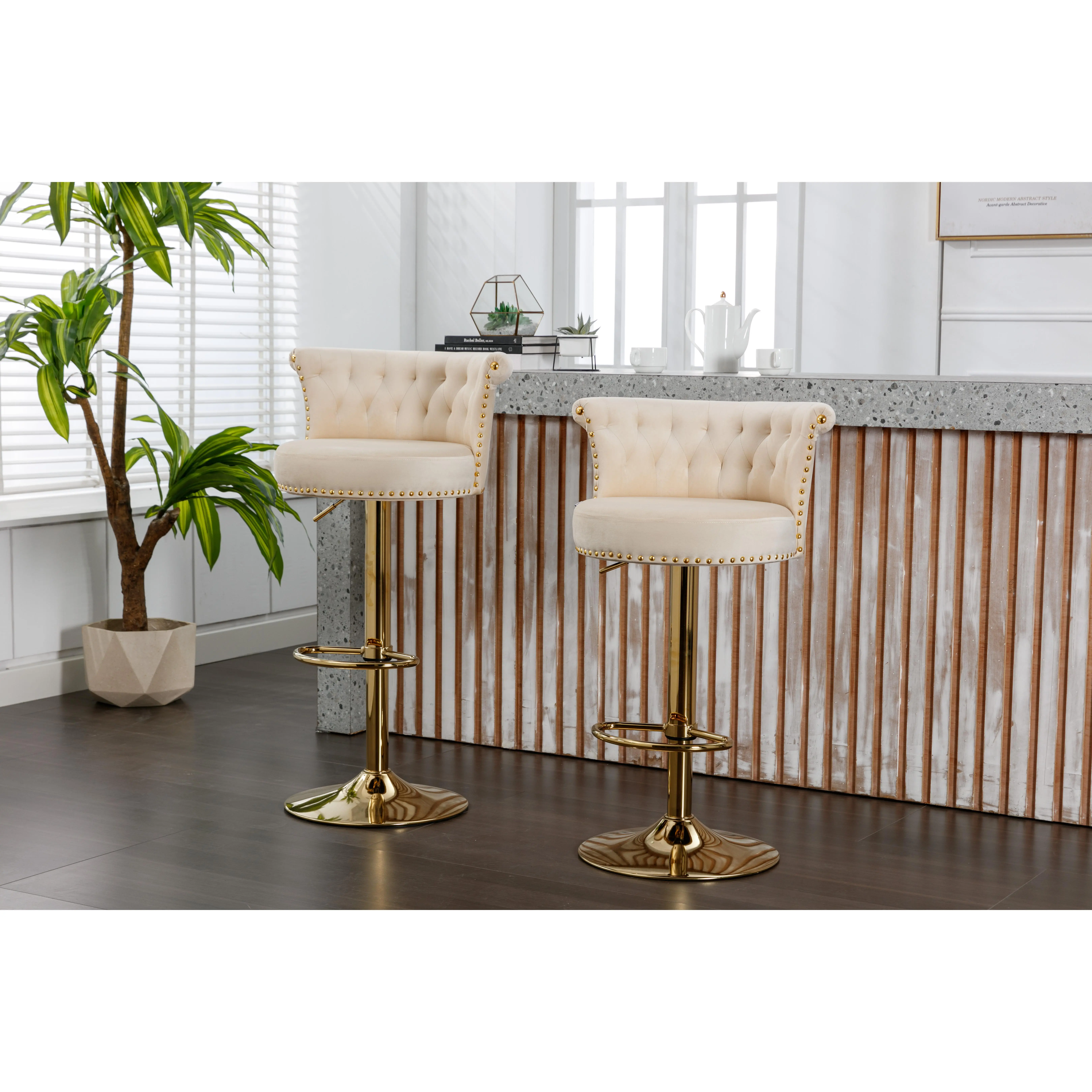 Velvet 360° Rotating Bar Chair Set of 2 with Handmade Backrest, One-Click Adjustable Height, Soft Pillow Seat, Modern Kitchen Island Dining Stool, Cafe Barstool, Multiple Color Options